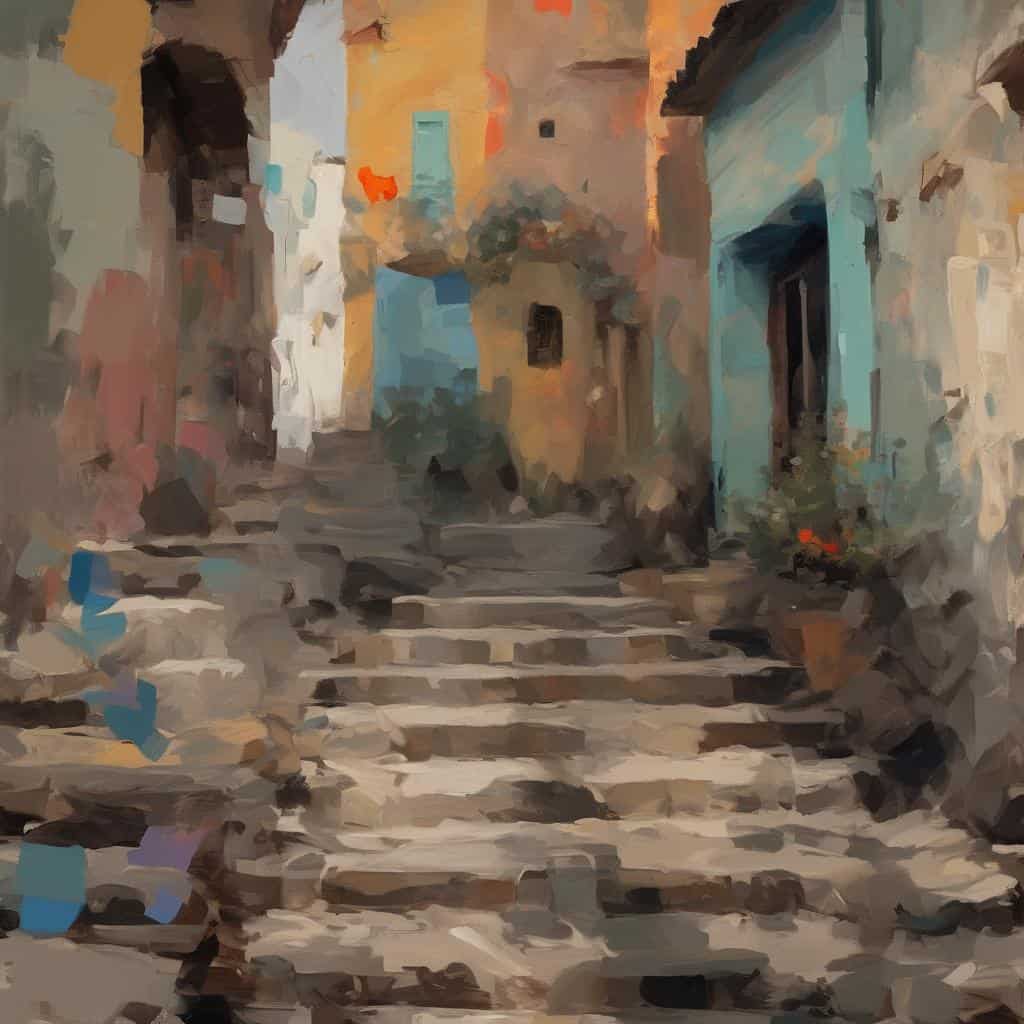 Γραμμένο και καλλιτεχνική πρόοδος σε δρόμο με παλιά κτήρια και σκαλοπάτια.