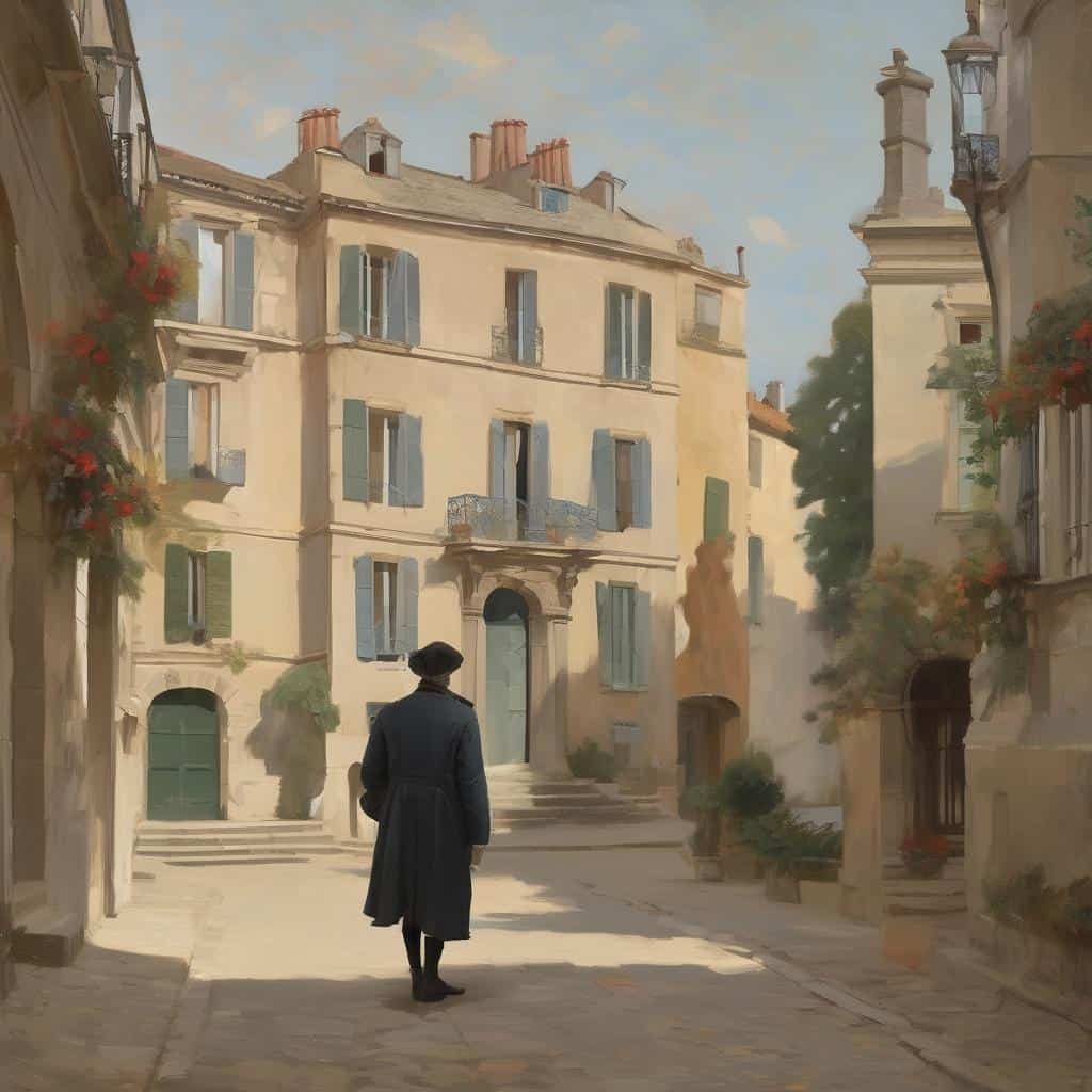 Ζωντανό καλλιτεχνικό έργο σε γραφική ευρωπαϊκή οδό με κτήρια και περαστικό.