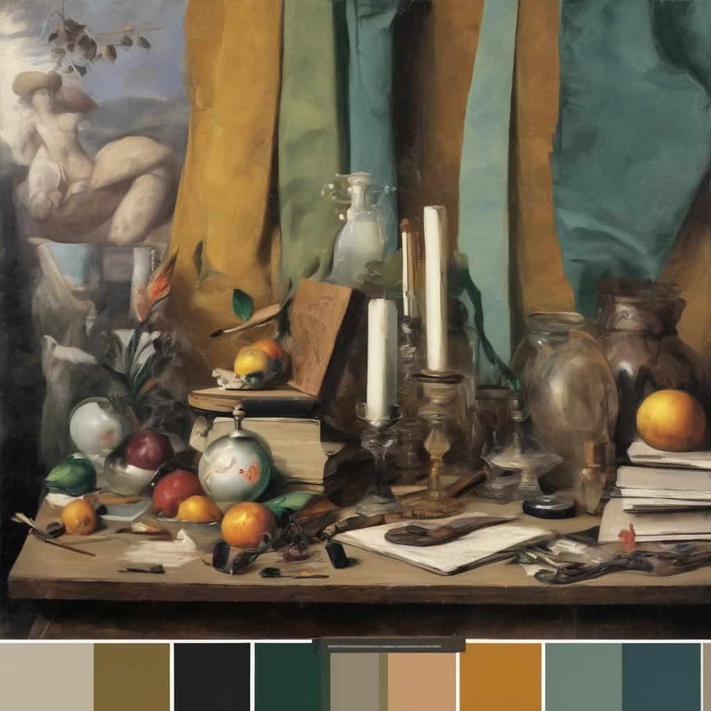 Παραδοσιακός πίνακας still life με φρούτα, κεριά και καλλιτεχνικά αντικείμενα, ενίσχυση δημιουργίας και καλλιτεχνικής προόδου.