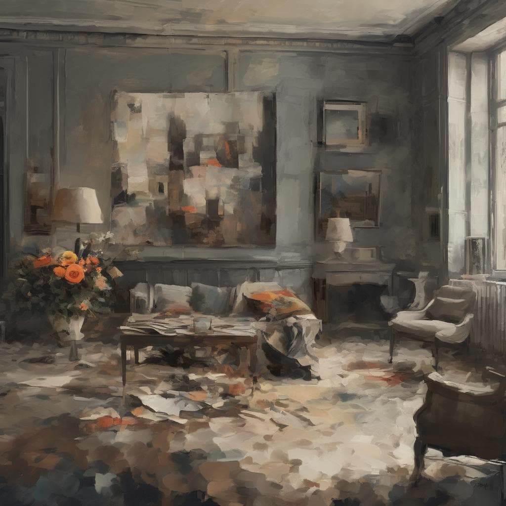 Ζωγραφική άποψη καλλιτεχνικής πρόοδου σε εσωτερικό χώρο με πίνακες και έπιπλα.