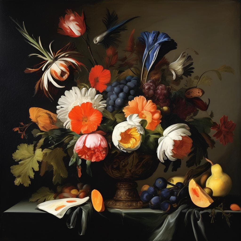 Ζωγραφικό έργο με ανθοστολισμένο βάζο και φρέσκα φρούτα, δημιουργική και καλλιτεχνική πρόοδος στη ζωγραφική.