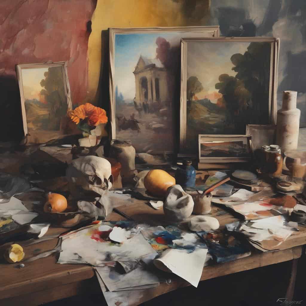 Πίνακες ζωγραφικής και καλλιτεχνικό υλικό σε εργαστήριο δημιουργίας τέχνης.