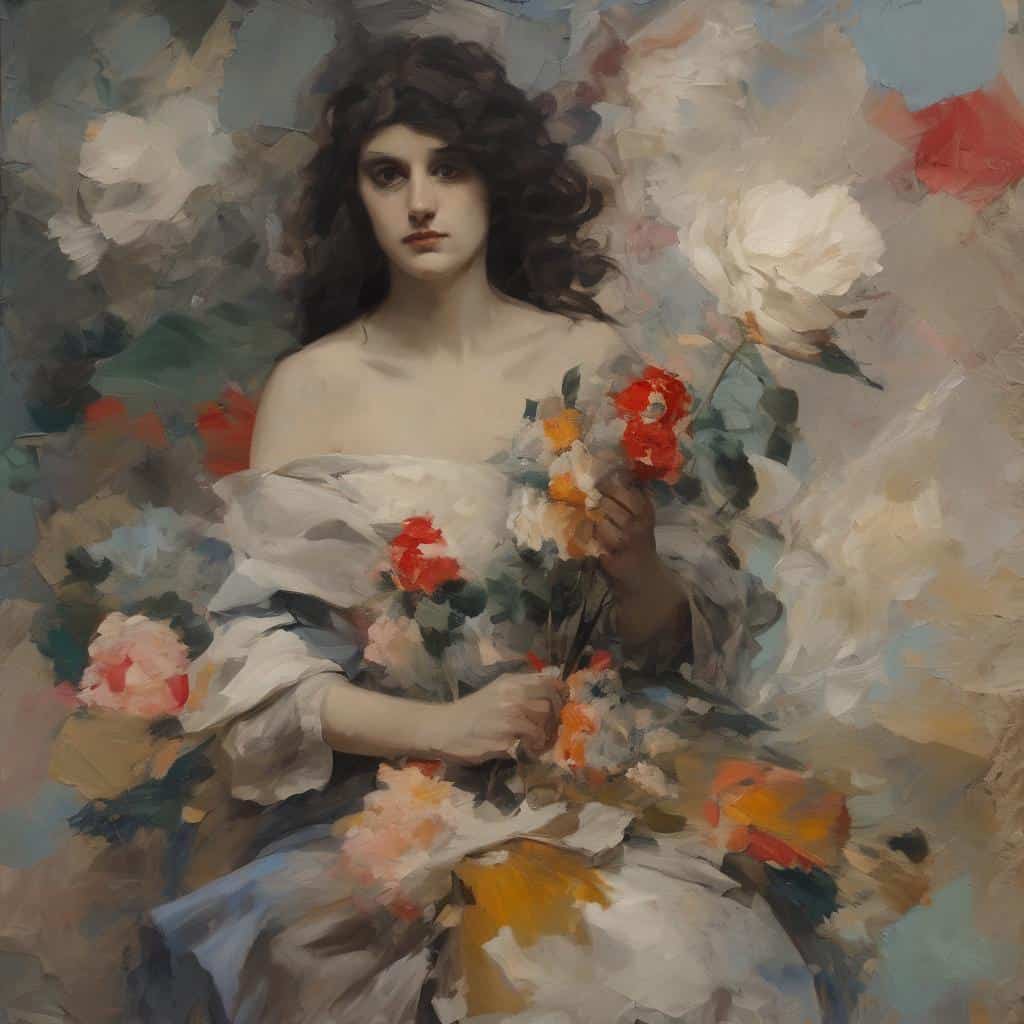 Ανθρώπινη γυναίκα με λουλούδια, δημιουργική και καλλιτεχνική πρόοδος.